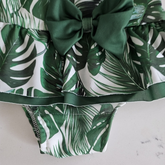 Tropical Print Montesera Print Ruffle Baby One Piece Swim Suit - Picture 6 of 11